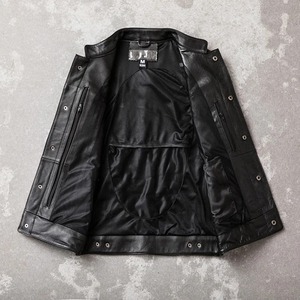 Custom Winter Cowhide Vest for Motorcyclist Bikers 100% Genuine <b>Cow</b> Leather Stand Collar Sleeveless Waistcoat Canvas <b>Fabric</b> - Product Image 5