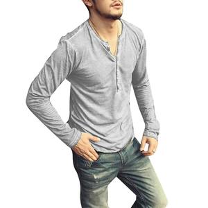 Camiseta de manga larga con cuello en V para hombre 2025 botones elegantes otoño Casual sólido ropa masculina 5XL sostenible 100% algodón transpirable - Product Image 1