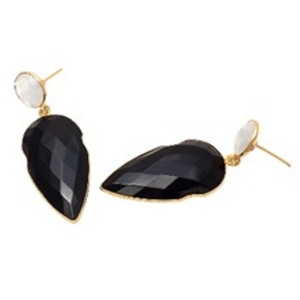 Pendientes de plata de ley 925 con gema de Calcedonia, ónix negro y Calcedonia lechosa, Briolette y forma redonda - Product Image 1