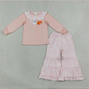 Girls Pink Leopard Print Long Sleeve Ruffle Top and Pants Set with Cartoon Applique Front Design Comfortable Style - Product Image 5