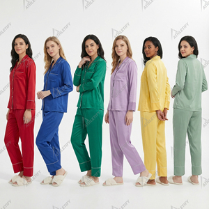 Conjunto de Pijama para Mujer en Satén Azul Sólido, Transpirable, Fabricación Personalizada, Top Suave con Botones, Pantalones Holgados, Varios Colores - Product Image 3