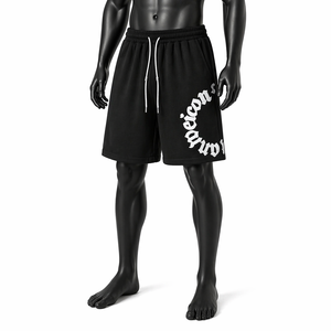 Pantalones Cortos Deportivos Negros Personalizados para Hombre, OEM ODM, Algodón y Felpa, con Logotipo Impreso, Cintura Elástica, Corte Holgado, Casuales, para Gimnasio - Product Image 3