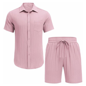 Vente en gros Chemise texturée à manches courtes rose foncé pour hommes Nouvelle arrivée Costume d'été respirant avec bouton Style formel Logo à l'avant - Product Image 4