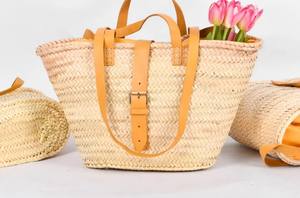 Panier de marché en paille tissé à la main avec poignées en cuir, style français, sac fourre-tout, sac en palmier marocain, marché fermier - Product Image 2