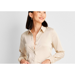 Camicia da donna classica in popeline di seta color crema a maniche lunghe con bottoni e motivo leopardato ricamato, taglia S - Product Image 2