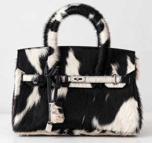 Black <b>White</b> Cow Pattern <b>Handbag</b> Fur Texture Tote Bag Structured Carryall for Daily Use - Product Image 1