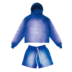 Custom Logo 100% Cotton <b>Fleece</b> <b>Men's</b> Sun Faded Pullover Hoodies And <b>Shorts</b> Set Casual Wear Breathable Design Distressed Hoodie - Product Image 1