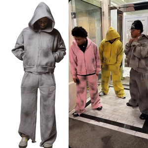 ชุดวอร์มผ้าฝ้ายโอเวอร์ไซส์สำหรับผู้ชายชุดกางเกงมีฮู้ดพิมพ์ลายมีซิป - Product Image 6