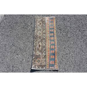 Classique bleu Beige 1.1 X 2.8ft tapis en laine fait main conception de Patchwork turc pour salon chambre Rectangle couloir en peluche Latex - Product Image 1