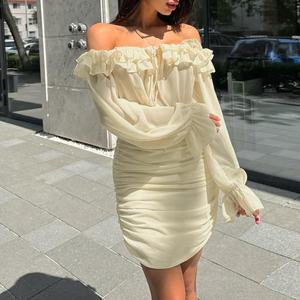 Flirty Innocent French Off Shoulder Tiered Ruffle manga larga drapeado ajustado Bodycon vestido primavera otoño estilo <span class=keywords><strong>de</strong></span> vendaje adelgazante - Product Image 2