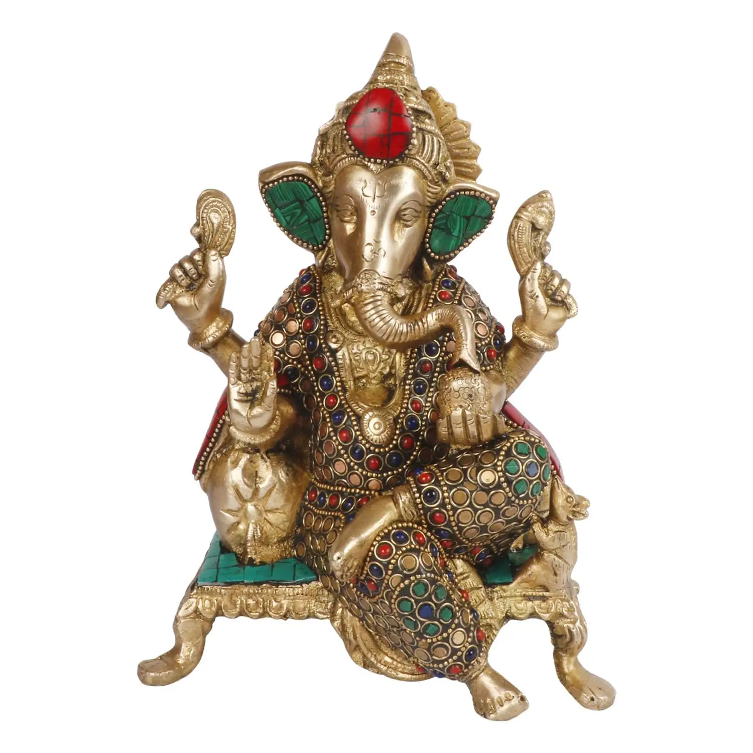 Hindu God Brass Lord Ganesha Bhagwan with Large Ears Mangalkari Ganpati Idol Murti Statue On Singhasan Stone Ganesha sculpture