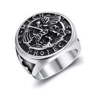 Anillo Unisex Clásico de Acero Inoxidable con Baño de Oro de 18K, Corte Princesa, Libre de Deslustre, con Diseño de Ángel Arcángel San Miguel, MOQ Bajo