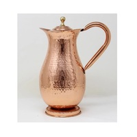 Pichet en cuivre fini brillant martelé avec couvercle et bouton en laiton 2 tasses en cuivre avec poignée en laiton pour servir de l'eau à la maison