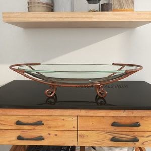 Oval Glass Serving Tray with <b>Copper</b> Metal <b>Frame</b> and Elegant Curved Scrollwork Decofor Dining and Decorative Display - Product Image 1