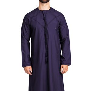 Túnica Masculina de Algodón Cómoda y Transpirable, Estilo Thobe Árabe, Cuello Redondo, Manga Larga, Color Sólido, Túnica Morada Teñida Personalizada con Borlas - Product Image 1