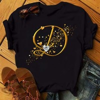 T-shirt Homme Col V Manches Courtes Uni 100% Coton Style Hip Hop Noir avec Lettres Dorées Diamantées B C D E F G Personnalisables