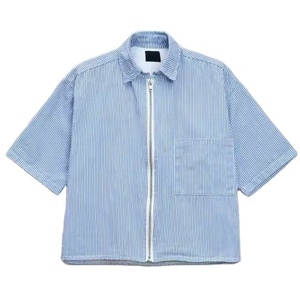 Oversized Striped <b>Short</b> <b>Sleeve</b> Zip <b>Up</b> Shirt Men Casual Streetwear Top Lightweight Summer Boxy Fit Fashion Zipper Overshirt - Product Image 3