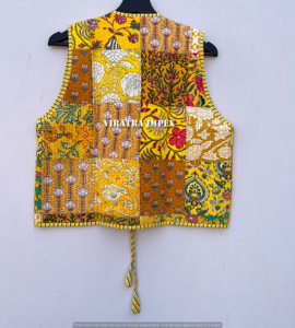 Chaqueta acolchada Vintage hecha a mano con retazos amarillos, chaqueta acolchada de algodón para mujer, Kimono abierto frontal con borde crudo, tubería a rayas - Product Image 3