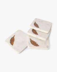 Sous-verre carré minimaliste en marbre blanc avec incrustation de plumes en bois naturel, pièce unique, dessous de plat, vente en gros personnalisée pour la maison - Product Image 5