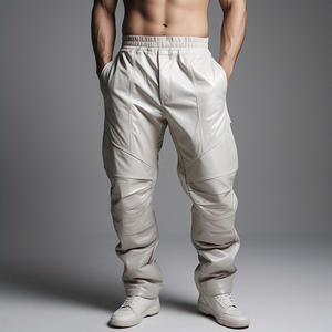 OEM White Leather Pants Men Outdoor Elastic Waist PU Leather Pant Men's Customize Cycling High Waist Cowhide Leather <b>Trouser</b> - Product Image 2
