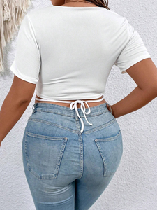 Camiseta de mujer personalizada, estilo urbano, holgada, ecológica, informal de verano, cuello redondo, transpirable, top corto para damas. - Product Image 2
