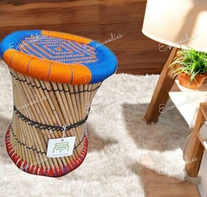 Tabouret en bois de canne fait à la main en bambou naturel pour jardin balcon restaurant salon console d'incrustation d'os - Product Image 2