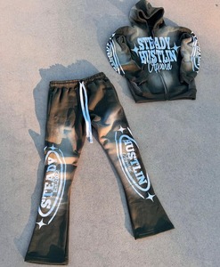 Conjunto de Pantalones y Sudadera Deportivos Personalizados de Estilo Urbano Vintage, de Felpa Francesa, Cortos, Lavados al Ácido, con Cremallera, Desgastados, con Pedrería, para Hombre - Product Image 2