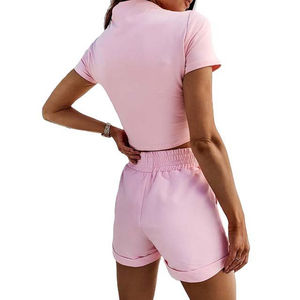 Conjuntos de mujer verano sólido Casual manga corta Tops pantalones cortos conjunto de dos piezas mono 100% algodón cuello en V servicio OEM liso de gran tamaño - Product Image 5