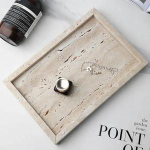 Rectangular Travertine Stone Decorative Tray with Natural Veining <b>for</b> Modern Home Styling and Elegant Minimalist <b>Display</b> - Product Image 3