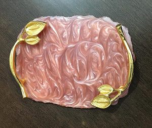 Latest Design Resin Serving <b>Tray</b> Snacks Serving <b>Tray</b> Golden Metal Leaf Design Handle for Home <b>Kitchen</b> Office Gifting on Sale - Product Image 1