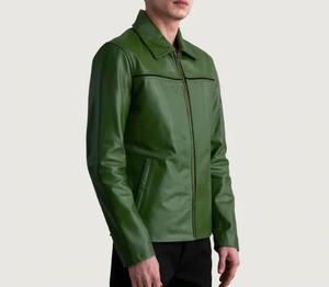 Veste en cuir PU vert pour homme, col rabattu, fermeture éclair, style décontracté, coupe classique, couleur unie, pour l'automne - Product Image 2