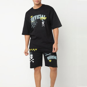 Men's Black Skull Print <b>Knitted</b> T-Shirt And Shorts <b>Set</b> Casual Summer Breathable Outfit - Product Image 1