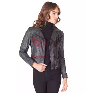 Womens Real <b>Camo</b> Leather Biker <b>Jacket</b> Asymmetric Zip Lapel Collar Quilted Sleeve Coat Zipper Pockets Slim Fit Custom Outwear New - Product Image 2