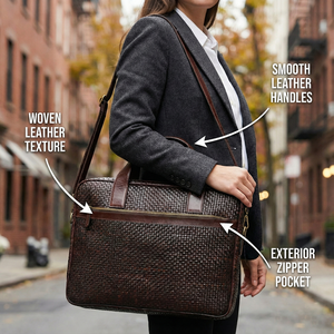 Bolso Tote de Oficina Premium Hecho a Mano, Color Marrón Oscuro, Forro de Cuero Genuino Tejido a Mano, Bolso para Portátil con Bolsillo Frontal con Cremallera, Ligero e Impermeable - Product Image 2