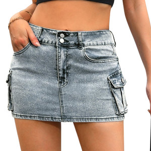 New Trendy High Waist Double-Button Mini Short <strong>Jean</strong> Womens Skirt With Flap Pocket Summer High Street <strong>Outfit</strong> Slim Fit Denim Skirt