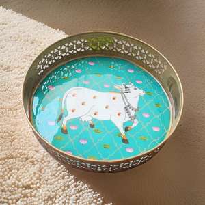 Bandeja Tradicional con Estampado de Vaca Pichwai para Diwali, Bodas, Decoración del Hogar, Bandeja de Pooja, Bandejas de Servir Esmaltadas de Alta Calidad - Product Image 6