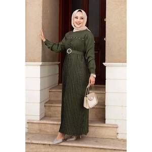 Robe Hijab plissée avec détails pierres Kaki - Product Image 4