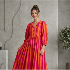 Robe longue bohème à rayures rouges, taille empire, respirante, style vintage, avec volants drapés, taille unique, idéale pour les occasions de jour au printemps - Product Image 1