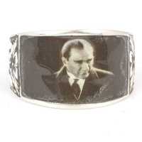 Anillo de Plata de Ley 925 con Forma de Rostro para Hombre, con Foto de Kemal Ataturk, Bisel de 2.1x1.5cm, Joyería Cultural Coleccionable para Uso Diario