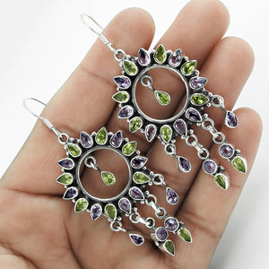 Boucles d'oreilles Boho en argent sterling massif 925 avec pierres précieuses en améthyste semi-précieuse naturelle et péridot - Product Image 2