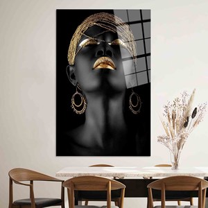 Printed Canvas: Elegant <b>Black</b> Woman <b>Gold</b> Lip Art,TEMPERED GLASS ART - Product Image 1