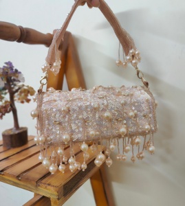 Zardozi Inspired Flap Clutch with Beads Embroidery Pearl Work Suede Lady Bridal Party Sling <b>Bag</b> From India - Product Image 2