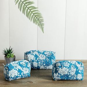 Turquoise Unisex Eco-Friendly Cotton Block Printed Quilted Travel Case 3 Piece <b>Set</b> Waterproof Vintage Cosmetic Bags for Bag - Product Image 2