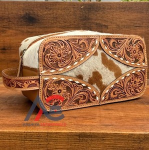 Custom Travel Makeup <b>Bag</b> Portable Hand Tooled <b>Leather</b> <b>Toiletry</b> Pouch Multifunctional Hair on Cowhide Cosmetic <b>Bag</b> for Women's - Product Image 1