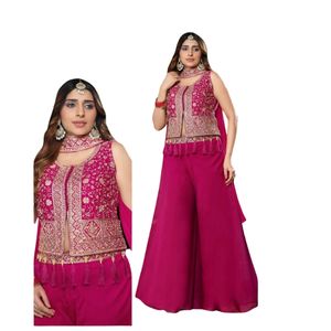 ชุดพาลาซโซปักลายสีชมพูของราณีสำหรับผู้หญิง พร้อมเสื้อแจ็คเก็ตดีไซเนอร์ คุर्ติ และผ้าคลุมไหล่ สำหรับงานแต่งงานและงานเฉลิมฉลอง - Product Image 1