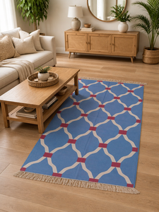 Alfombra Kilim de Algodón Grueso con Patrón Geométrico Hexagonal de Rejilla Marroquí Azul Aciano Hecha a Mano, Tejido Plano Escandinavo Moderno - Product Image 3