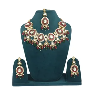 Conjunto de Collar Sencillo con Perlas Rojas y Verdes, Estilo Polki Kundan, Chapado en Oro Vintage sobre Cobre, Joyería Fina para Regalo de Boda, Piedra Principal de Diamante - Product Image 1