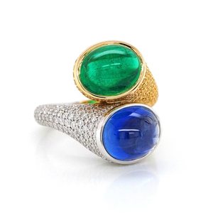 Bague saphir émeraude sculptée Glow Whisper Bague en or jaune 14 carats Bijou poli radieux réfléchi inspiré de l'harmonie profonde - Product Image 1