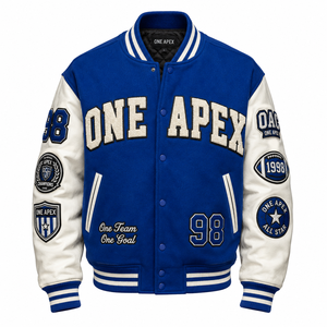 Custom Royal Blue & <b>White</b> <b>Men's</b> Hooded V-Neck Baseball Letterman <b>Jacket</b> Single Button Closure 100% Cotton/Wool Winter OEM/ODM - Product Image 1