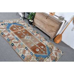 Tapis turc vintage 3.9 X 7.2ft marron bleu Patchwork Design laine Latex plat tissage Technique pour salon couloir décorations - Product Image 4